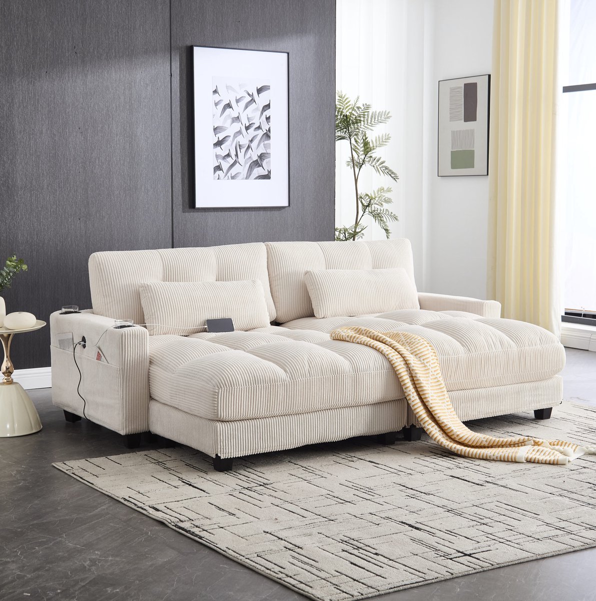 DESMIU Bank - Cordsofa 2-Zits - Modulair Met 2 Kussens, 4 Bekerhouders, 4 Zijvakken En USB-Aansluitingen - Woonkamer, Slaapkamer, Werkkamer - Cordstof - Beige