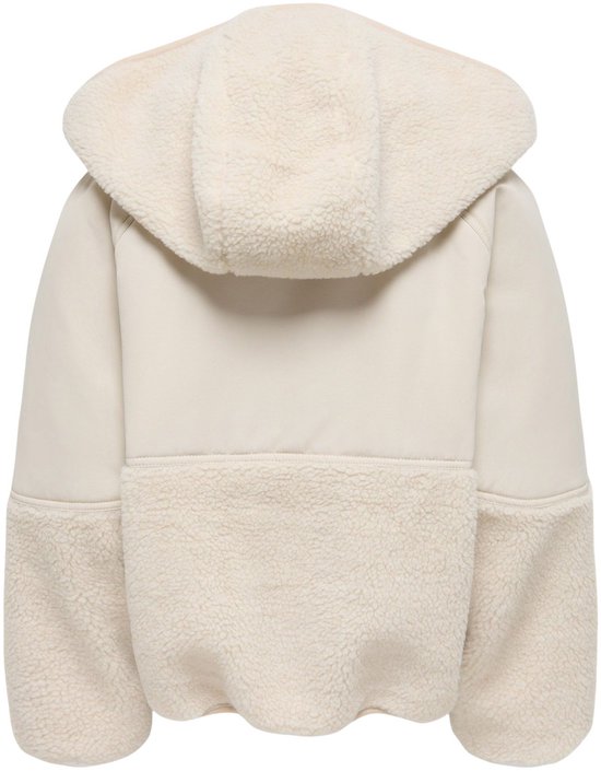 Achterkant van een beige jas met teddy-inzet op de mouwen en zakken, en capuchon.