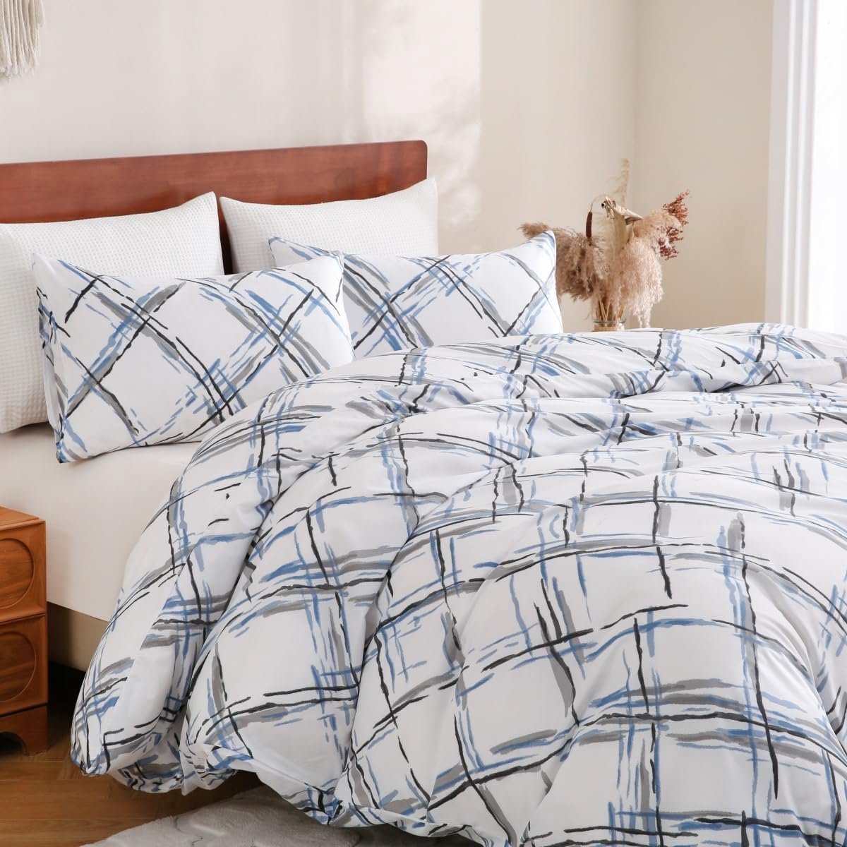 Bed linen set, 100% polyester, bed linen with practical zip, white/blue, square pattern, 1 x duvet cover 220 x 240 cm - ShopVlot