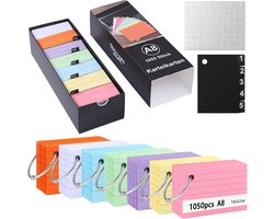 Thboxes Indexkaartendoos, 7,4 x 5,2 cm indexbox set, incl. 1050 kleurrijke indexkaarten A8 5 PP tabbladen 7 losse - ShopVlot
