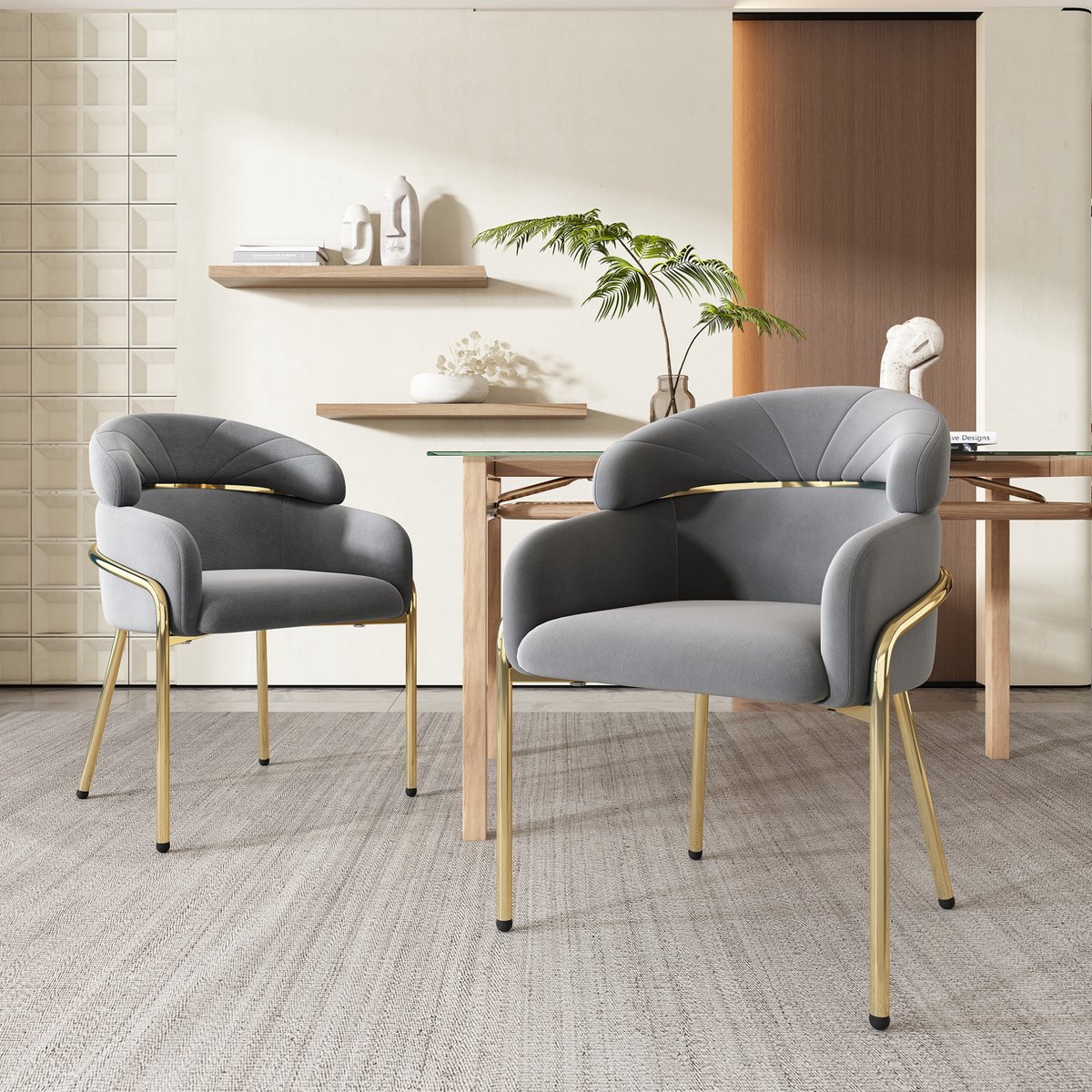 FloraGrace Eetkamerstoel Set Van 2 - Met Armleuningen En Metalen Vierpoot - Licht Luxe Voor Woonkamer Of Slaapkamer - Velvet - Grijs