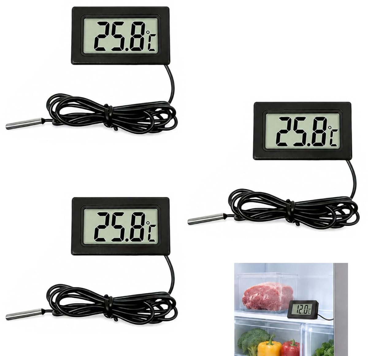 3 stuks digitale thermometer, digitale thermometer met externe sonde, waterdicht, 1 m, thermometer, koelkast, vriezer - ShopVlot