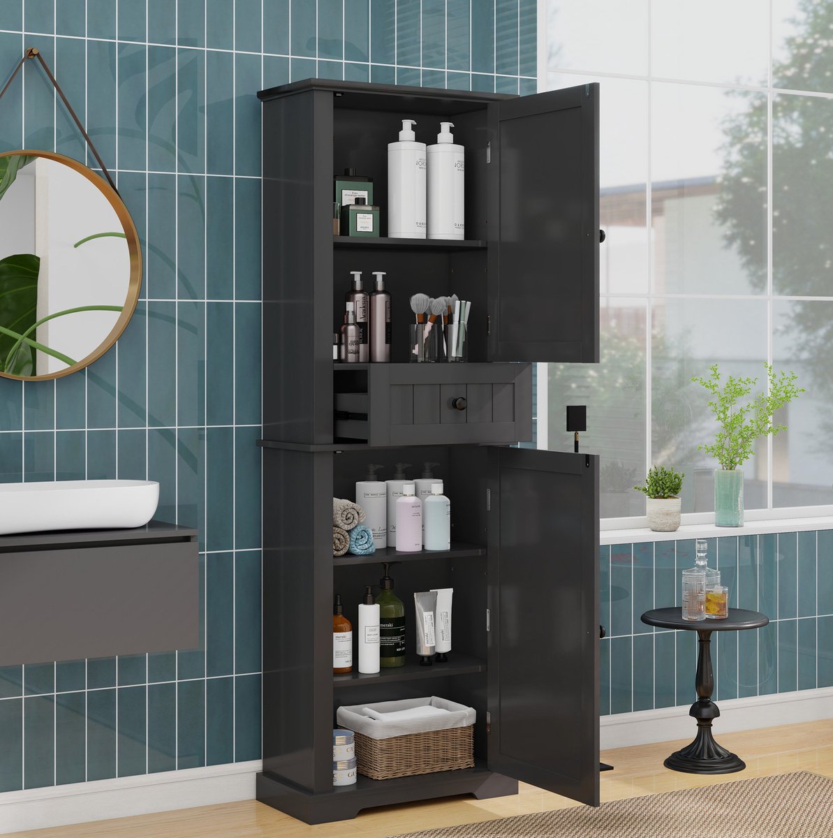Badezimmerschrank - Met Schublade En Verstelbare Legplanken - Voor Badkamer En Woonruimte - MDF - 56 X 28 X 167,3 Cm - Zwart