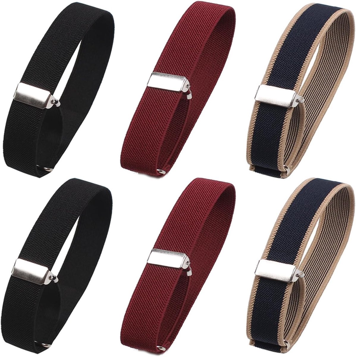 3 Pairs 32cm Adjustable Anti-Slip Sleeve Garters Elastic Bracelets Straps Shirt Sleeves Holders (Black+Wine Red+Blue - ShopVlot