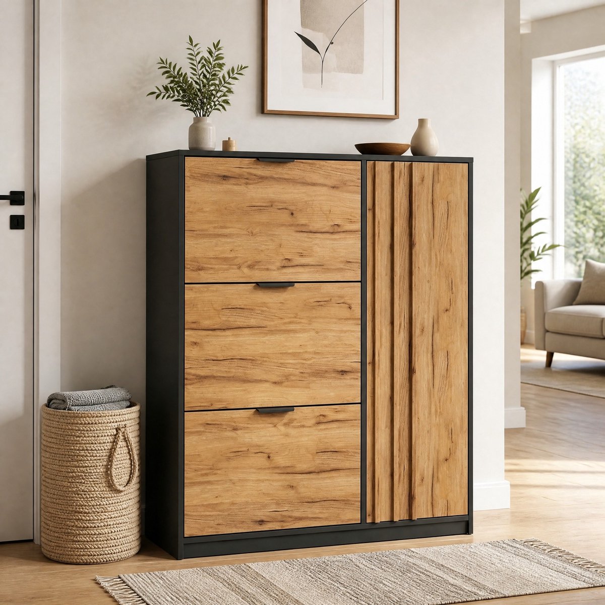 HAUSS SPOLE Schoenenkast - Smal Ontwerp Met 3 Klapvakken En 1 Deur - Voor Hal En Entree - MDF - Natuurhoutkleur En Zwart - 100x30x130 Cm