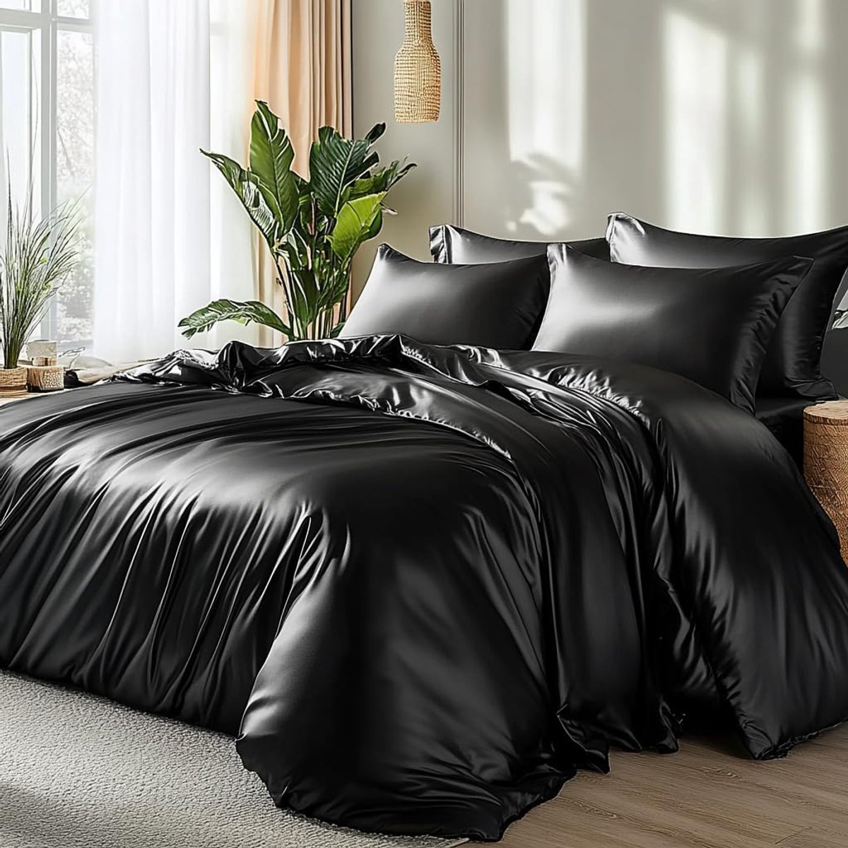 Dekbedovertrek 155 x 220 cm - luxe satijn zwart - ritssluiting - zijdezacht comfort - ShopVlot