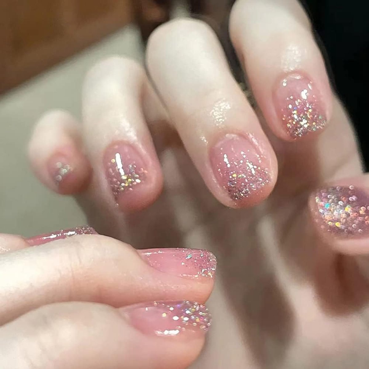 Neppartij Nagels Roze Gegradueerd Vierkant - Glitter Nagels Zwart Wit Acryl - Schattige Nepnagels - ShopVlot