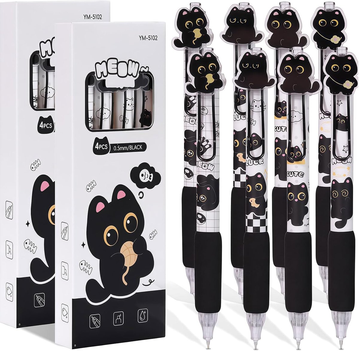 Gelpen met kattenmotief - 8 stuks - kunststof - retractabel - ideaal voor school en kantoor - ShopVlot