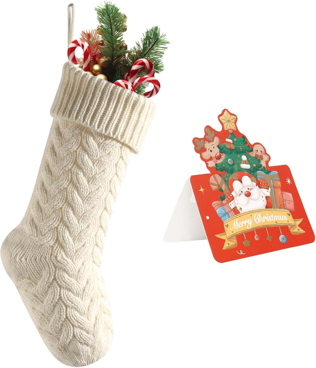 Kerstsok 46cm - Kabelgebreid - Wit - Perfect voor het ophangen bij de openhaard - ShopVlot