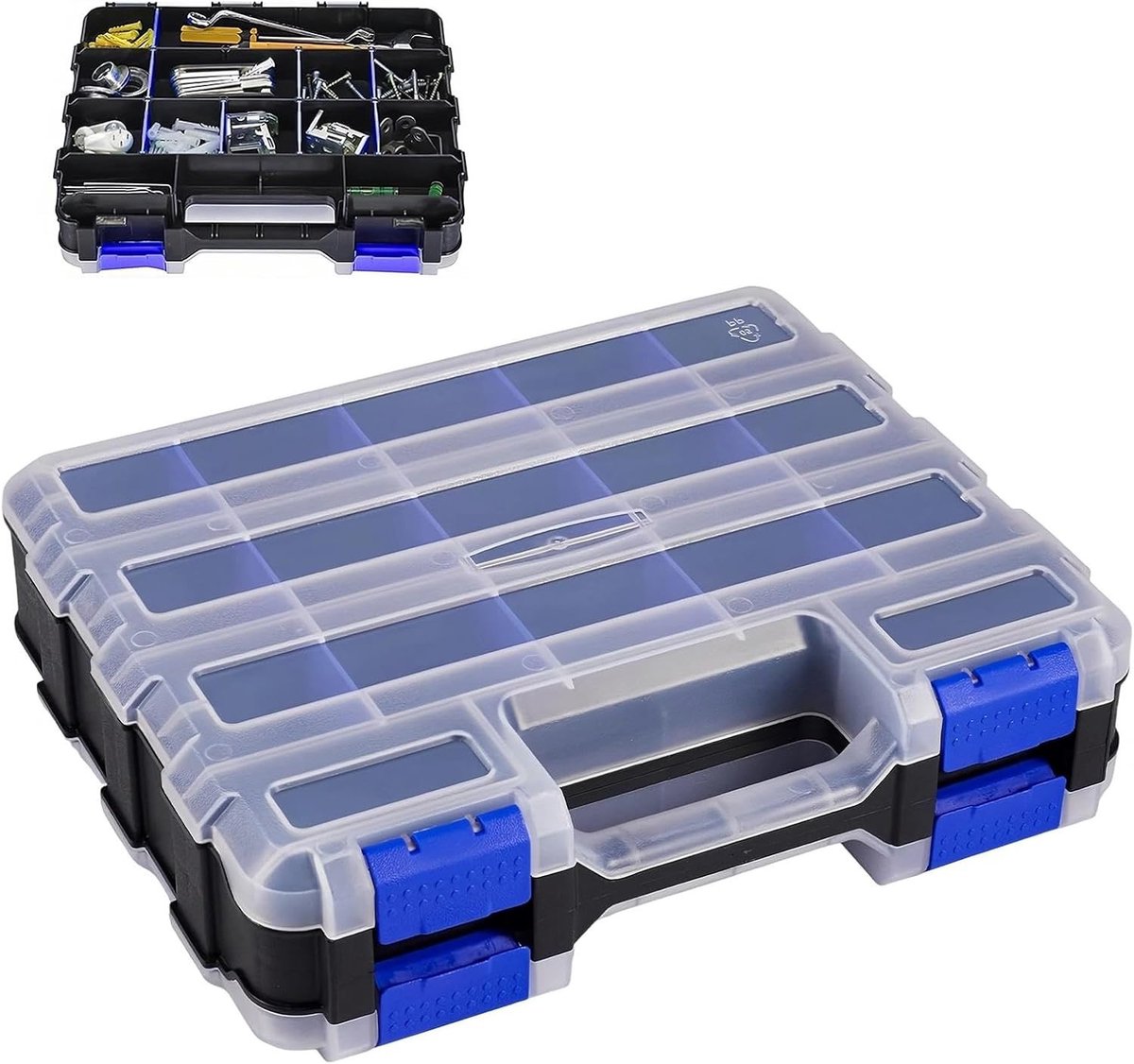 Schroeven opbergsysteem met laden - Blauw en zwart - 32 x 27 x 8 cm - Kunststof sorteerdoos met verstelbare vakken - Voor kleine onderdelen