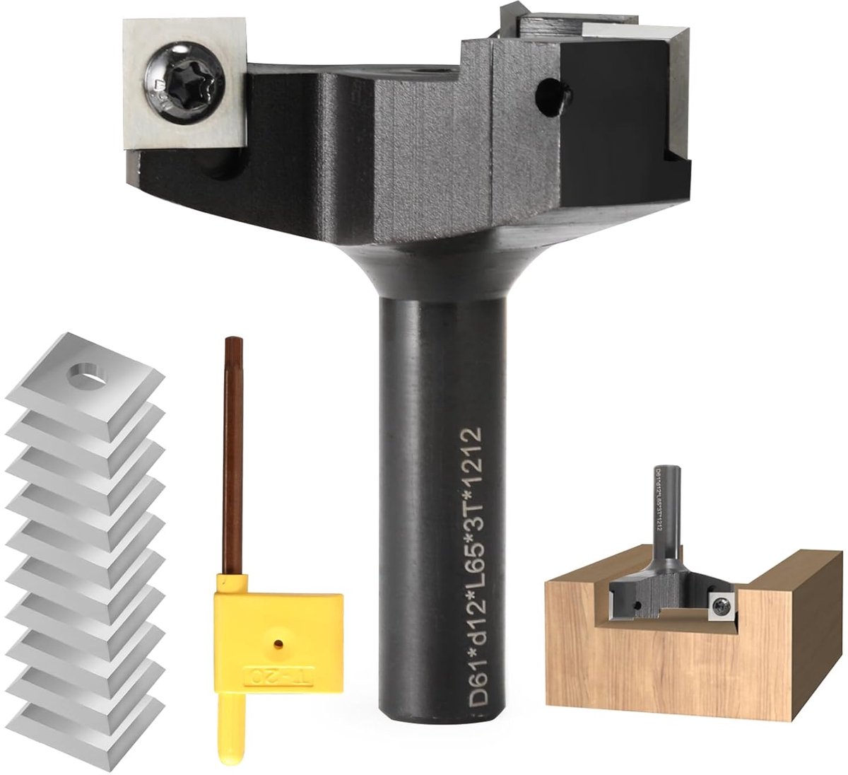 3 flutes face milling cutter 12 mm shank with 10 interchangeable carbide blades (12 x 12 x 1.5 mm, 35 °) for wood - ShopVlot