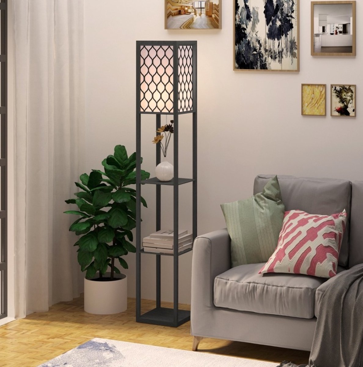 Staande Lamp Met Regalen – Opbergruimte En Sfeerverlichting – 26 x 26 x 160 Cm – MDF En Textiel – Zwart – Woonkamer En Slaapkamer