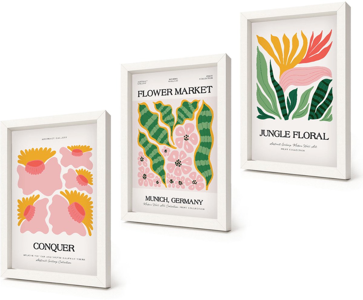 Coloray 3-Delige Schilderij Set - Bloemen en bladeren in moderne stijl op posters - 20x30 - Stijlvolle Muurdecoratie - Kantoor - Decoratieve Schilderijen