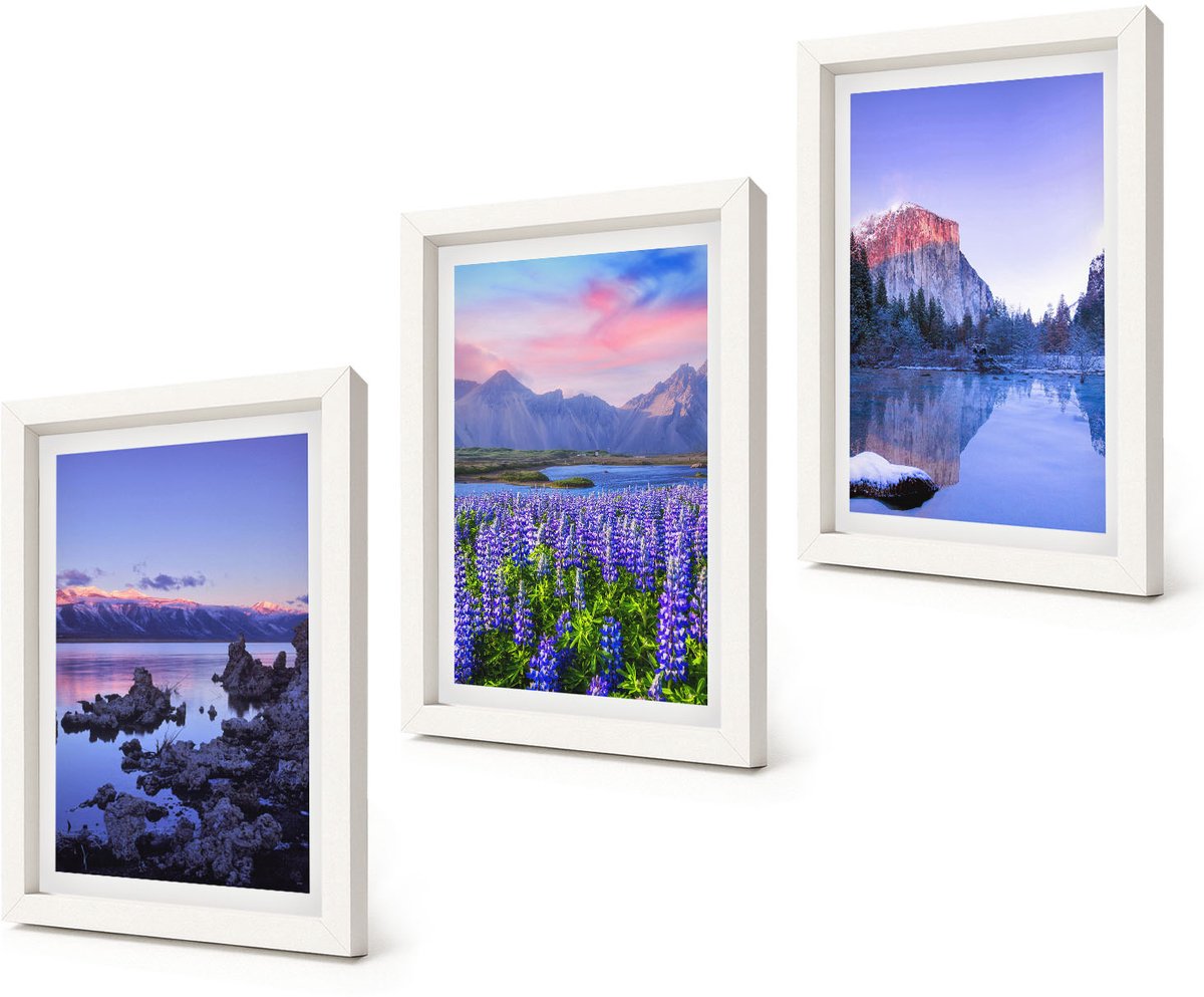Coloray 3-Delige Schilderij Set - Berglandschappen met water, lucht en bloemenvelden - 20x30 - Muurdecoratie - Wanddecoratie - Slaapkamer - Decoratieve Schilderijen