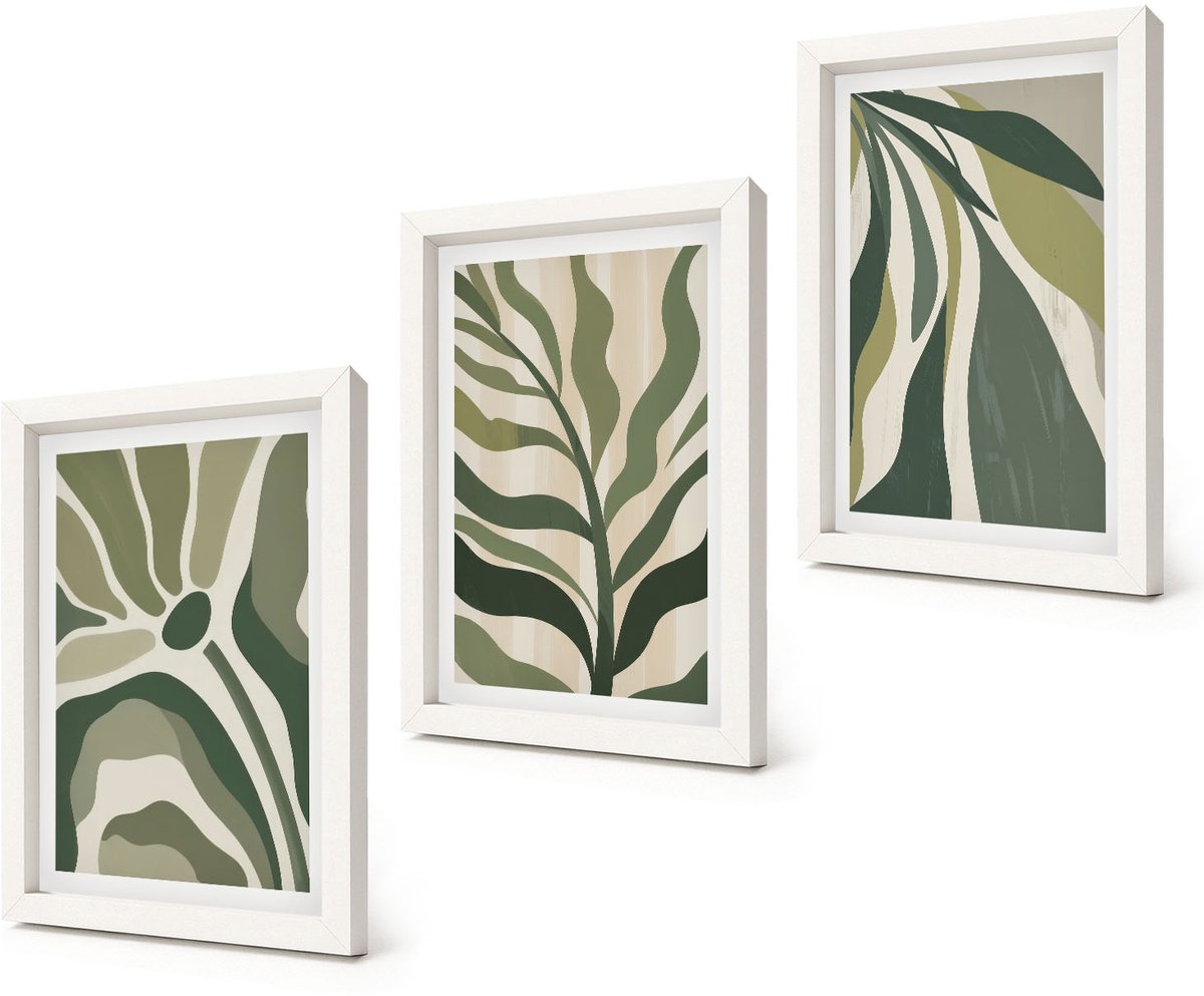 Coloray 3-Delige Schilderij Set - Geschilderde illustraties van bladeren in verschillende tinten groen. - 20x30 - Decoratieve Schilderijen - Wanddecoratie - Hal