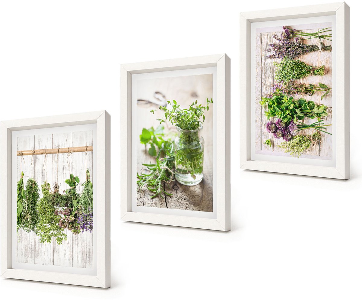 Coloray 3-Delige Schilderij Set - Kruiden en planten drogen voor in de keuken - 20x30 - Muurdecoratie - Wanddecoratie - Hal