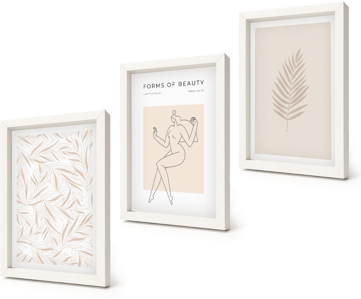 Coloray 3-Delige Schilderij Set - Minimalistische stijl met botanische motieven - 20x30 - Muurdecoratie - Wanddecoratie - Slaapkamer