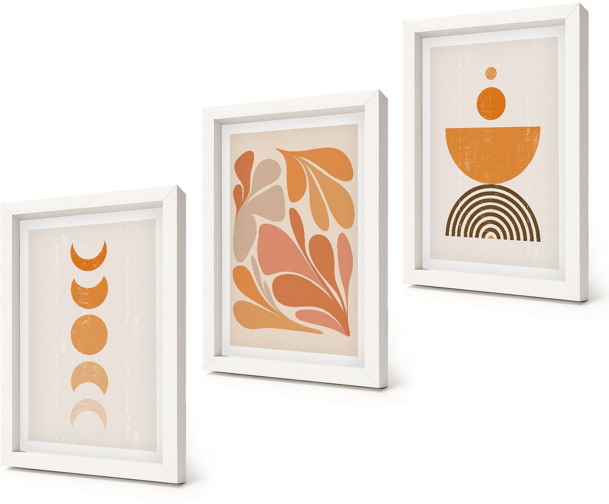 Coloray 3-Delige Schilderij Set - Abstracte vormen in oranje tinten - 20x30 - Muurdecoratie - Decoratieve Schilderijen - Wohnzimmer - Woonkamer Decoratie