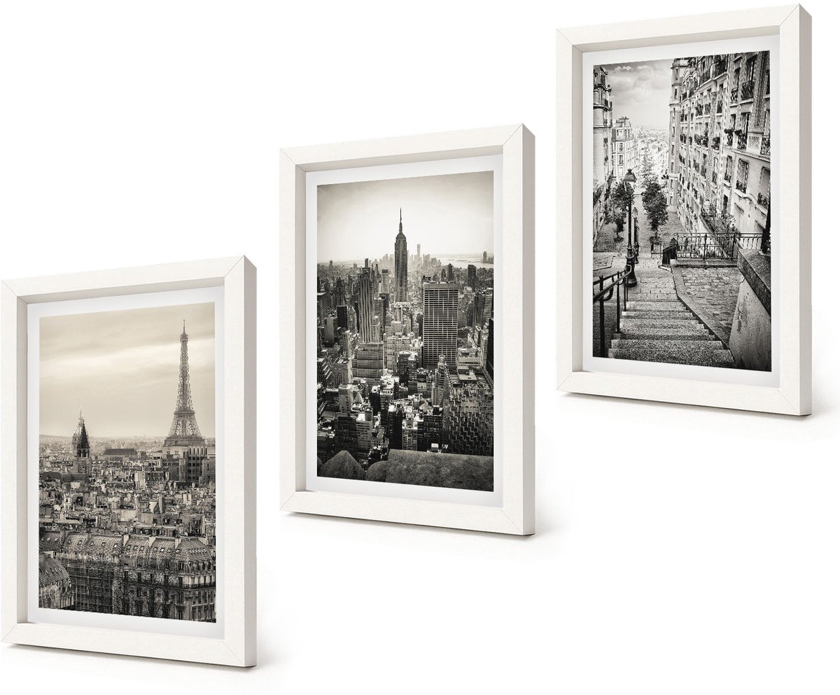 Coloray 3-Delige Schilderij Set - Stadsgezichten Parijs New York en charmante trappen - 20x30 - Decoratieve Muurdecoratie - Slaapkamer - Woonkamer Decoratie