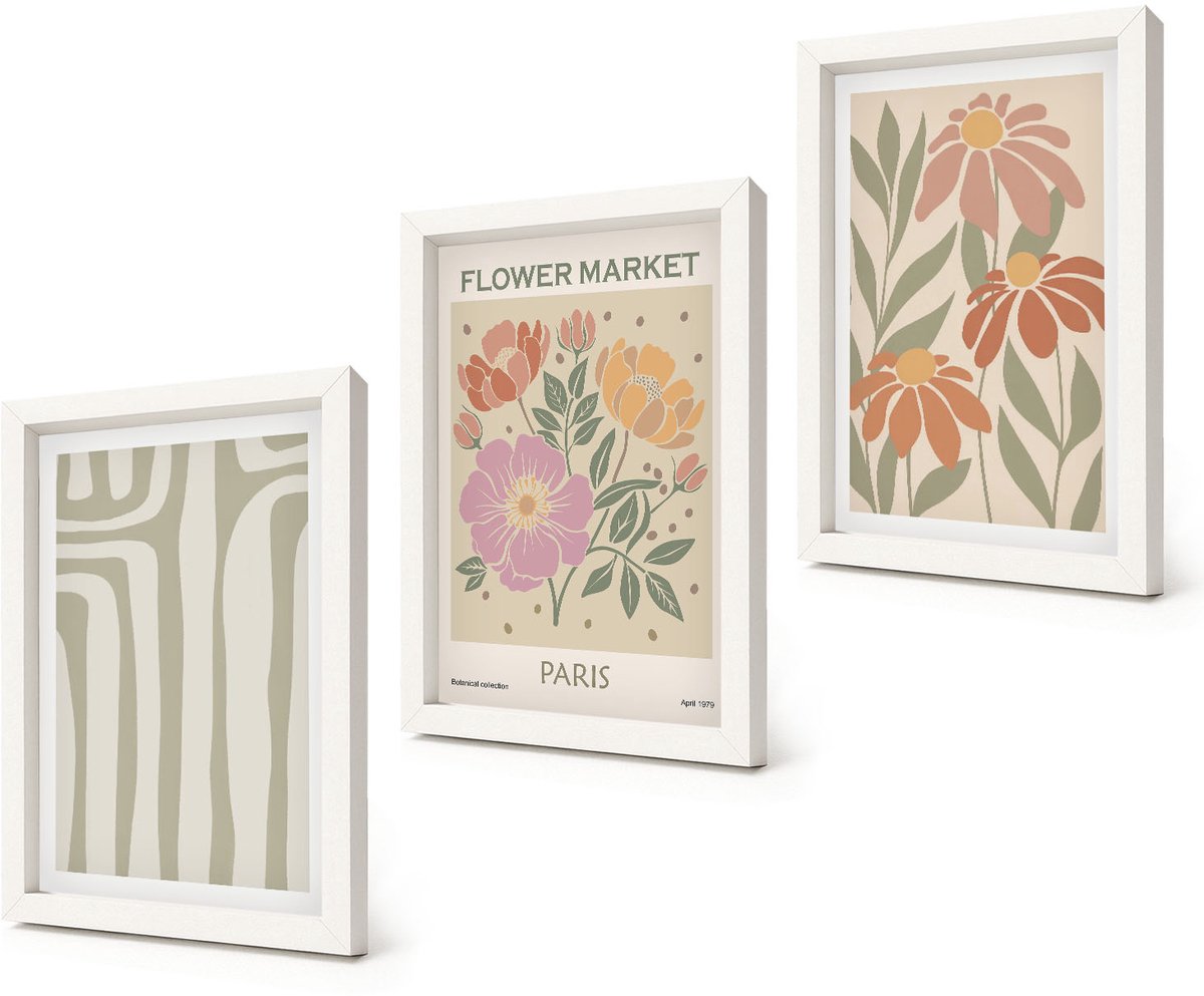 Coloray 3-Delige Schilderij Set - Poster met botanische motieven, Parijse minimalistische stijl - 20x30 - Muurdecoratie - Wanddecoratie - Slaapkamer - Woonkamer Decoratie