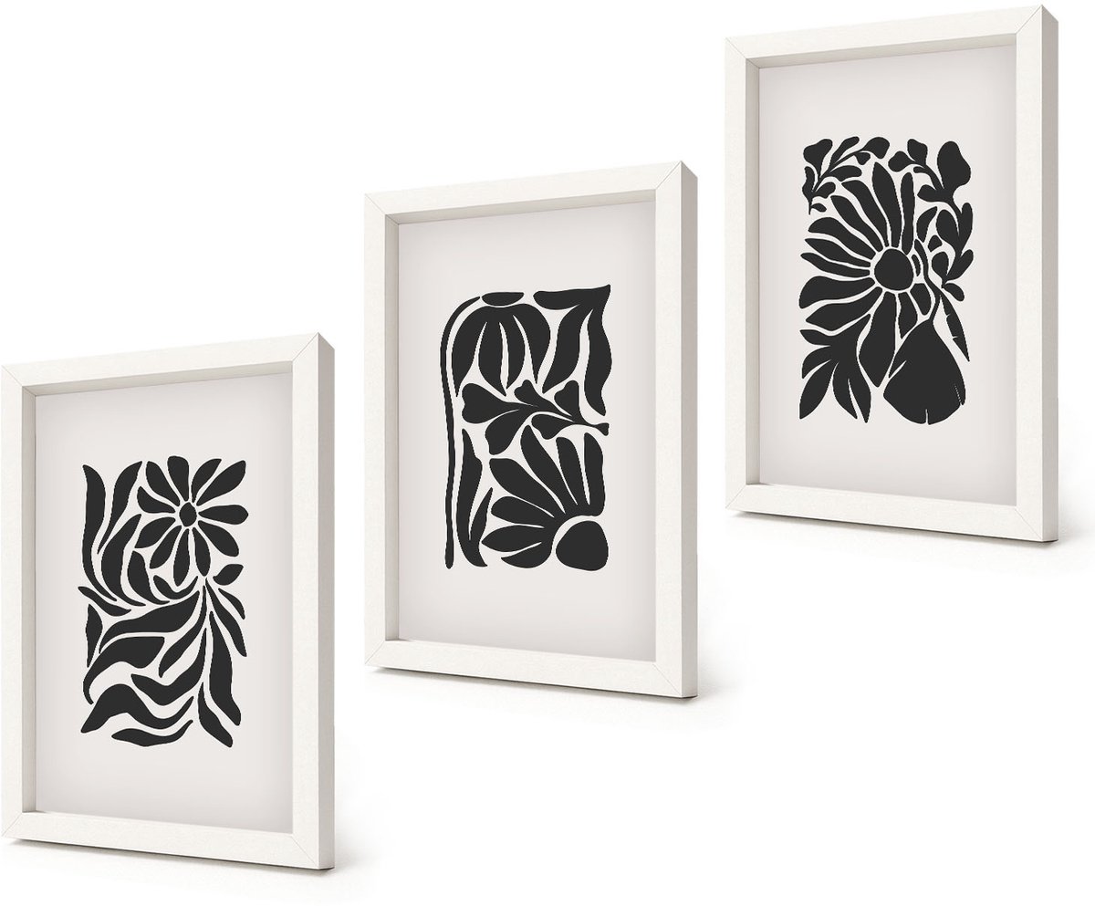 Coloray 3-Delige Schilderij Set - Abstracte plantpatronen in zwarttinten - 20x30 - Muurdecoratie - Wanddecoratie - Hal - Woonkamer Decoratie