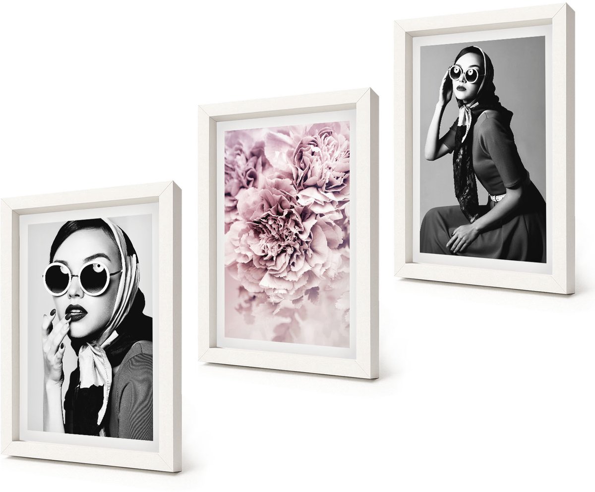 Coloray 3-Delige Schilderij Set - Stijlvolle portretten van vrouwen met roze bloemen - 20x30 - Wanddecoratie - Muurdecoratie - Woonkamer - Interieur Decoratie