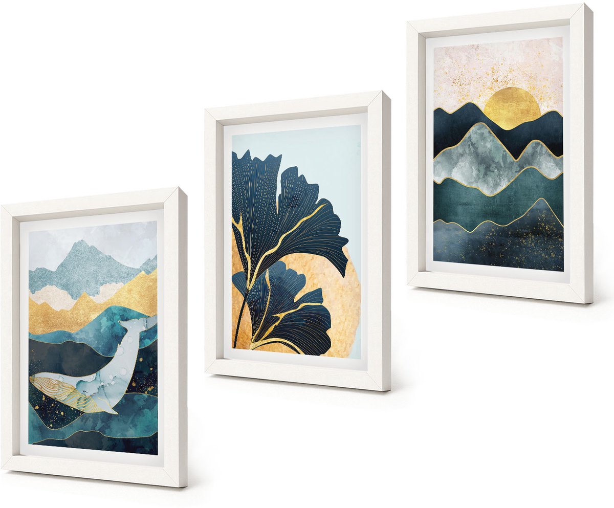 Coloray 3-Delige Schilderij Set - Abstracte esthetische vergezichten met bergen en planten - 20x30 - Muurdecoratie - Interieur Decoratie - Wanddecoratie