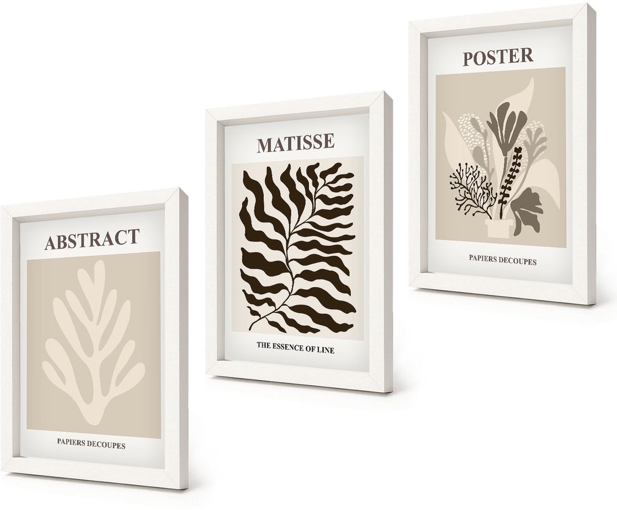 Coloray 3-Delige Schilderij Set - Plantenpatronen in beige en bruine tinten - 20x30 - Decoratieve Schilderijen - Wanddecoratie - Hal - Stijlvolle Muurdecoratie