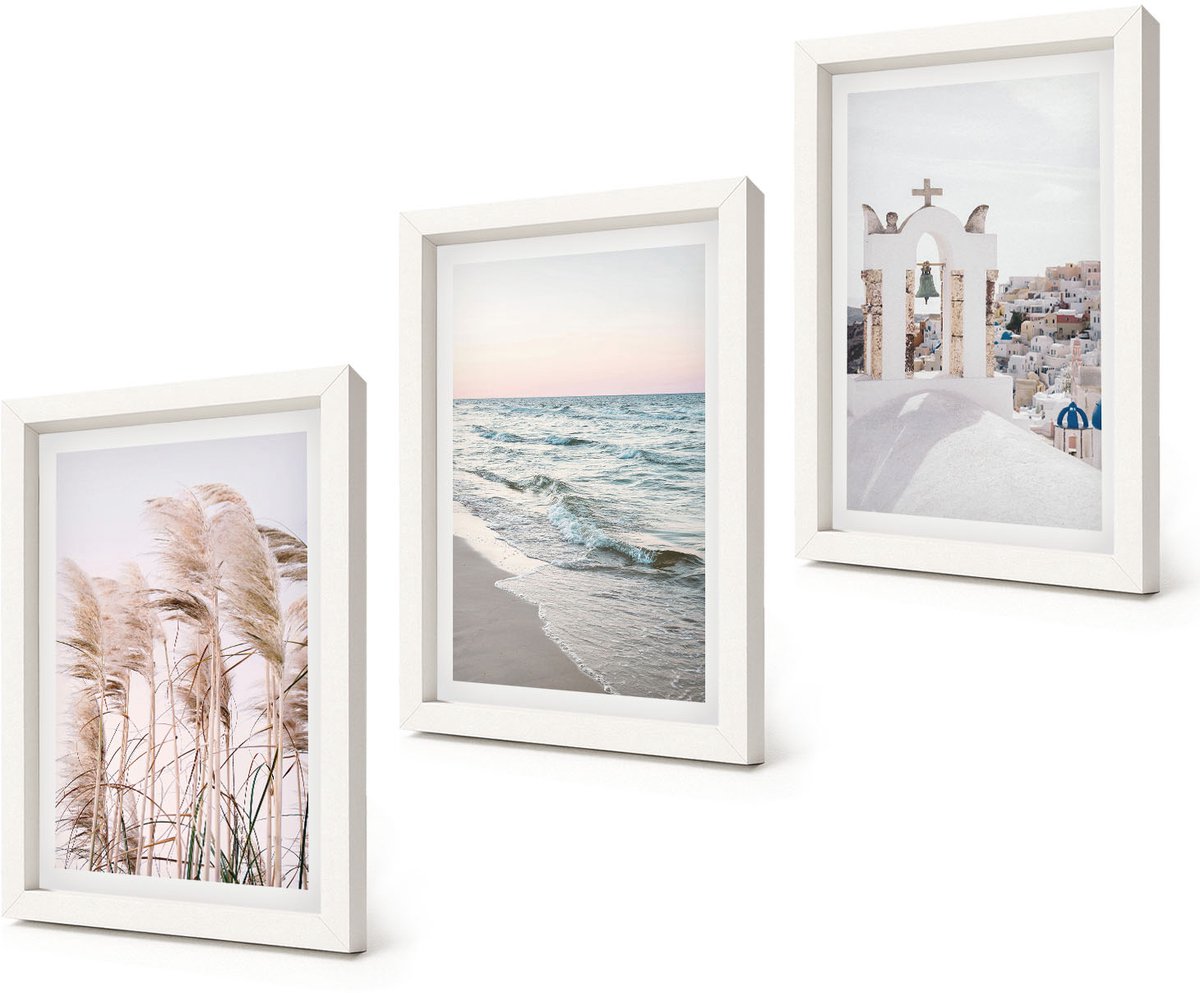 Coloray 3-Delige Schilderij Set - Zeeplanten, zeegolven, uitzicht op de Witte Huizen - 20x30 - Wanddecoratie - Muurdecoratie - Moderne Interieurdecoratie - Interieur Decoratie
