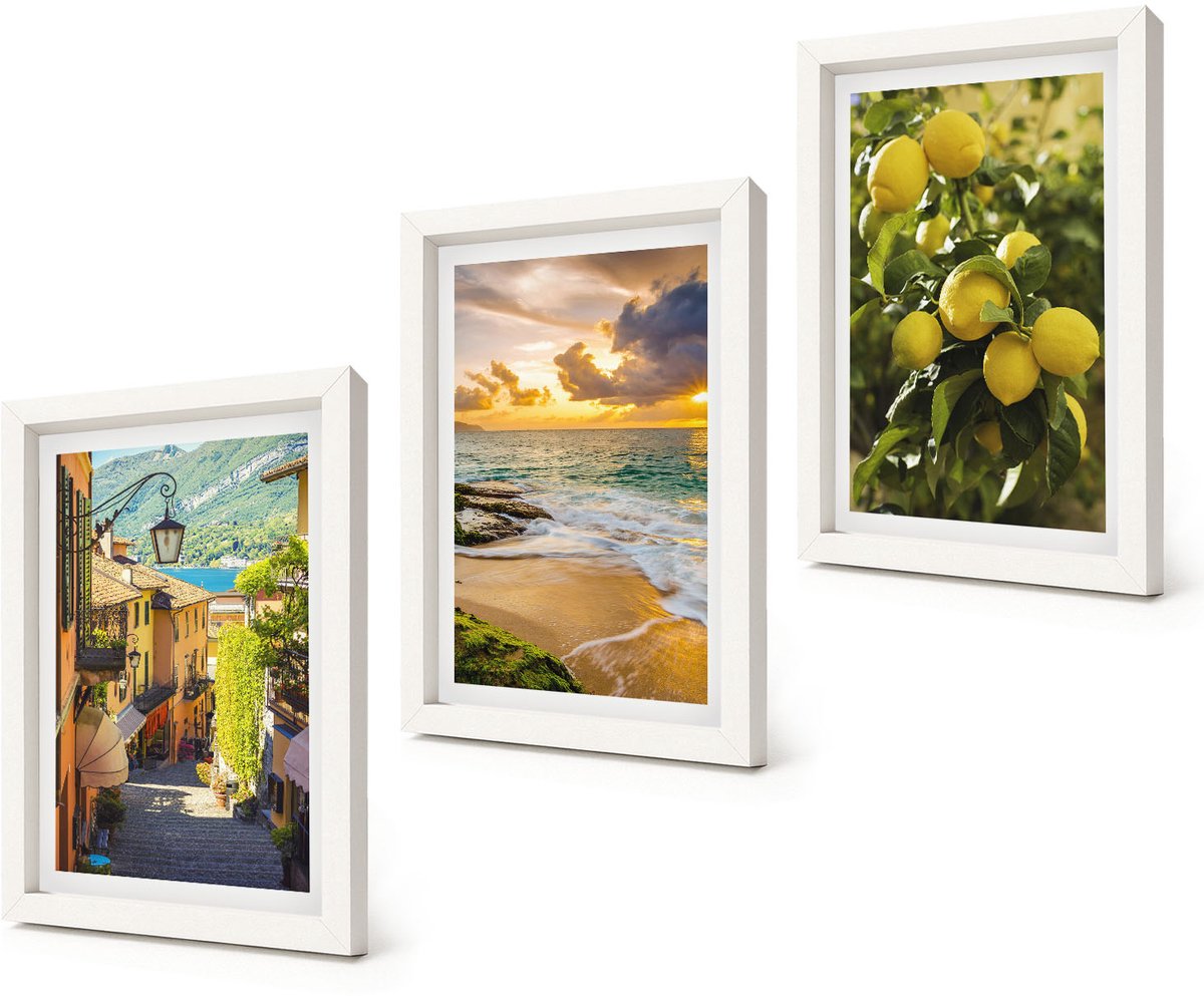 Coloray 3-Delige Schilderij Set - Schilderachtige straatjes, zee, strand en citrusbomen. - 20x30 - Decoratieve Schilderijen - Wanddecoratie - Hal - Moderne Wanddecoratie