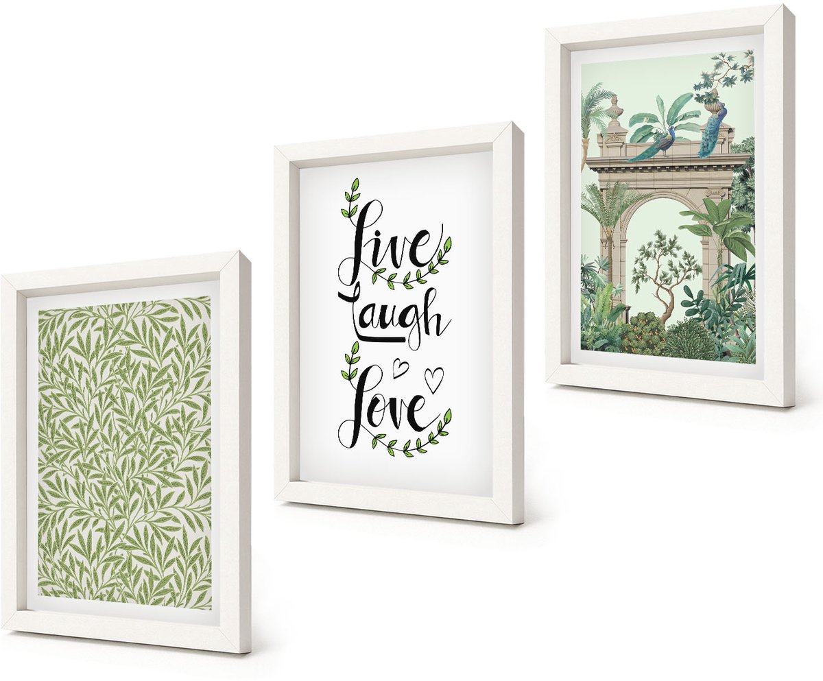 Coloray 3-Delige Schilderij Set - Groene bladeren als lettertype en exotische planten in de architectuur - 20x30 - Stijlvolle Muurdecoratie - Kantoor