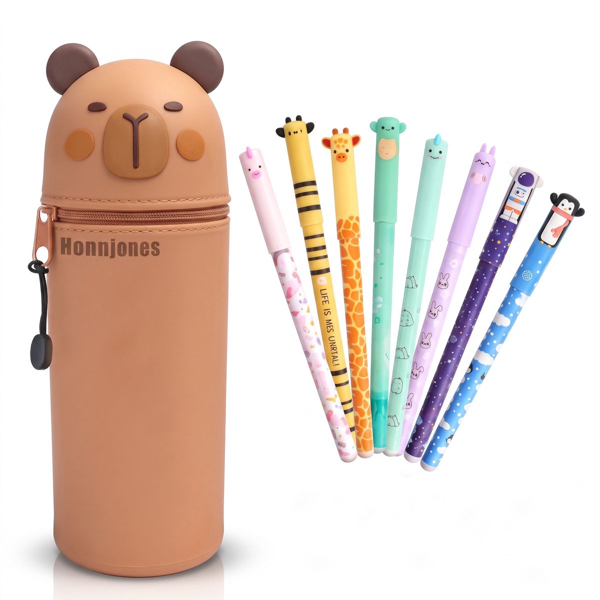 Namajunas 8-kleuren uitwisbare gelpennen - Siliconen pennenhoesjes - Capybara-vormige pennenhoesjes - 0,6 mm pennen met cartoon dierenpatroon, schoolspullen voor kinderen of kantoorartikelen voor volwassenen - Cadeauset