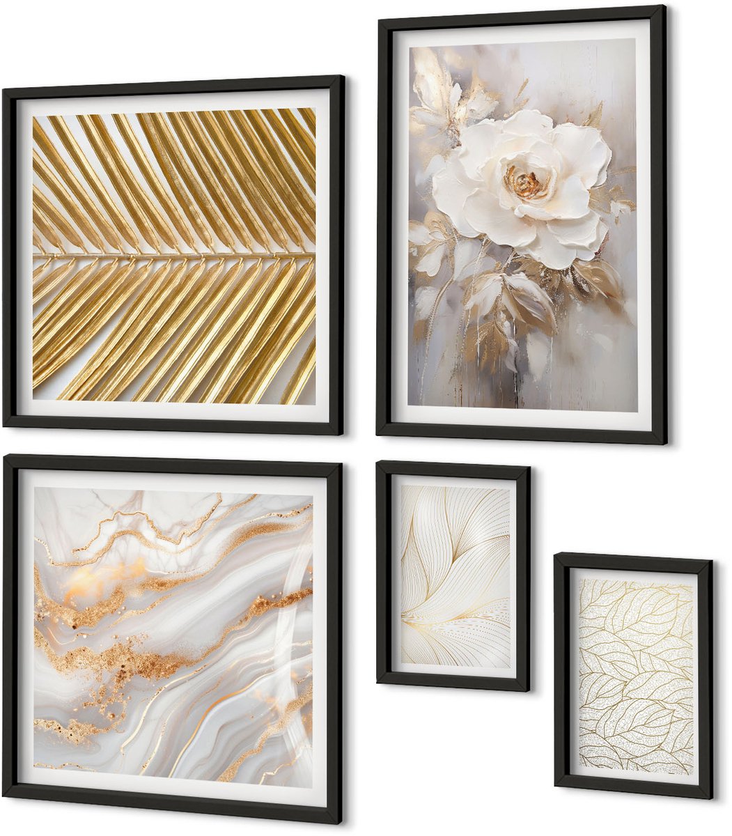 Coloray 5-Delige Schilderij Set - Stijlvolle Plantmotieven Met Delicate Bloemen En Bladeren. - 50 x 50 cm, 20 x 30 cm En 40 x 60 cm - Stijlvolle Muurdecoratie - Kantoor Zwarte lijst