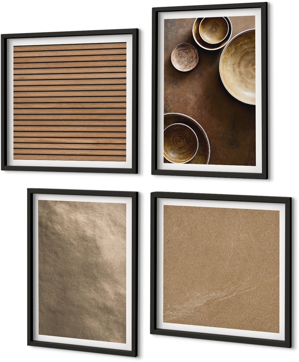 Coloray 4-Delige Schilderij Set - Stenen Constructies In Moderne Minimalistische Stijl - 40 x 40 cm En 40 x 60 cm - Wanddecoratie - Muurdecoratie - Woonkamer - Decoratieve Schilderijen Zwarte lijst