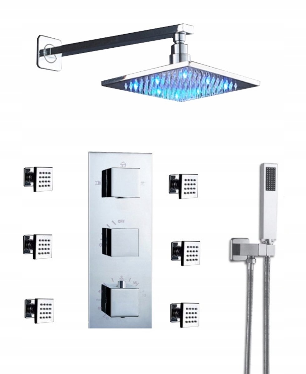 Onderbouw Doucheset LED Thermostaatkraan met Massagedouches & Regendouche