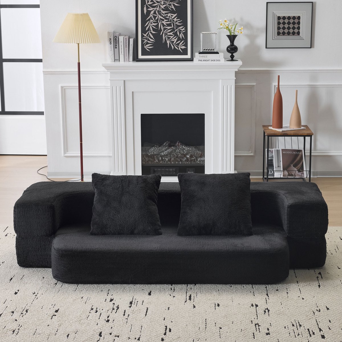 Transformeerbare vloersofa slaapbank 2-in-1 - Compact voor woonkamer, slaapkamer en logés - 2 personen - Zwart - Montagevrij en lichtgewicht - Traagschuim vulling - Zachte ademende stof