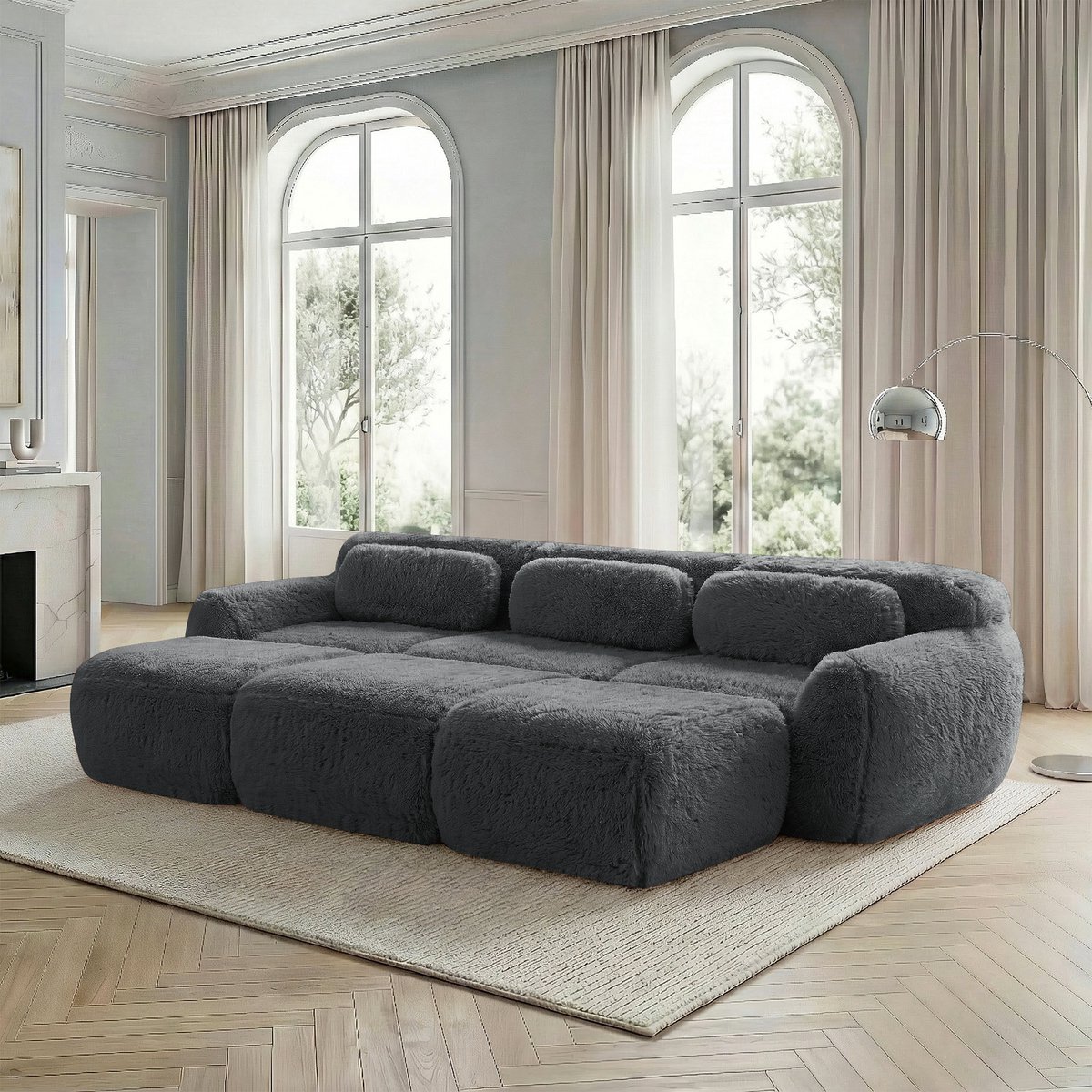 Modulaire 3-zits bank zonder frame - Woonkamer - 3-zits - Grijs - Zachte pluche stof, pluisvrij - 32D schuim, antislip - Inclusief 3 ottomans, geen montage