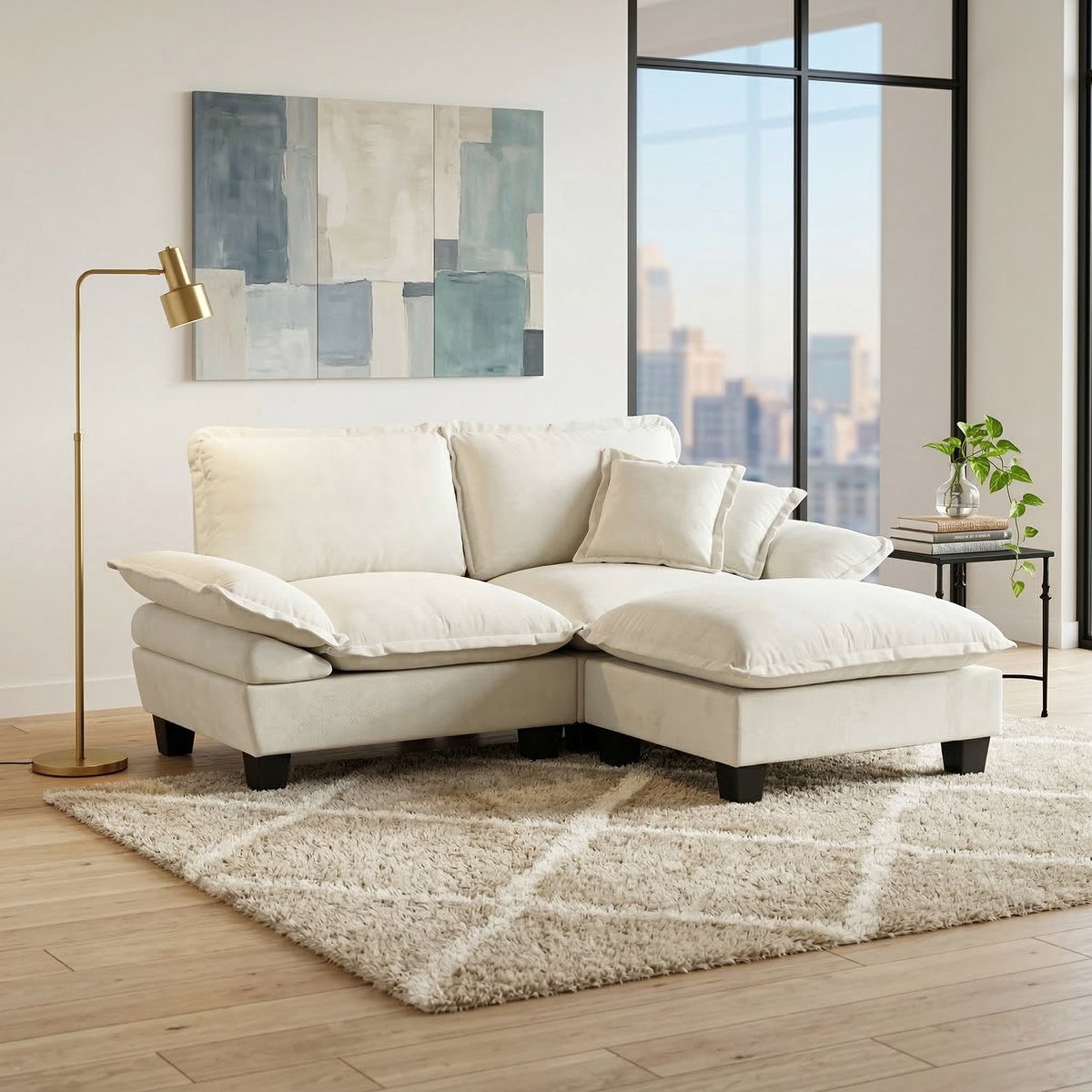 Modulaire hoekbank met ottoman - Uniek zeilboot design - 194x151 cm - Beige - Zachte chenille bekleding en 2 kussens - Verwijderbare armleuningen - Geschikt voor woonkamer en appartement