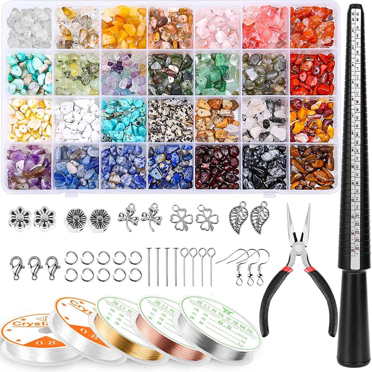 Sieradenmaakset - 28 natuurlijke edelstenen - DIY sieradenset - Bevat 1660 kristallen kralen - Kan gebruikt worden om ringen, oorbellen en andere sieraden te maken - Speelgoedset