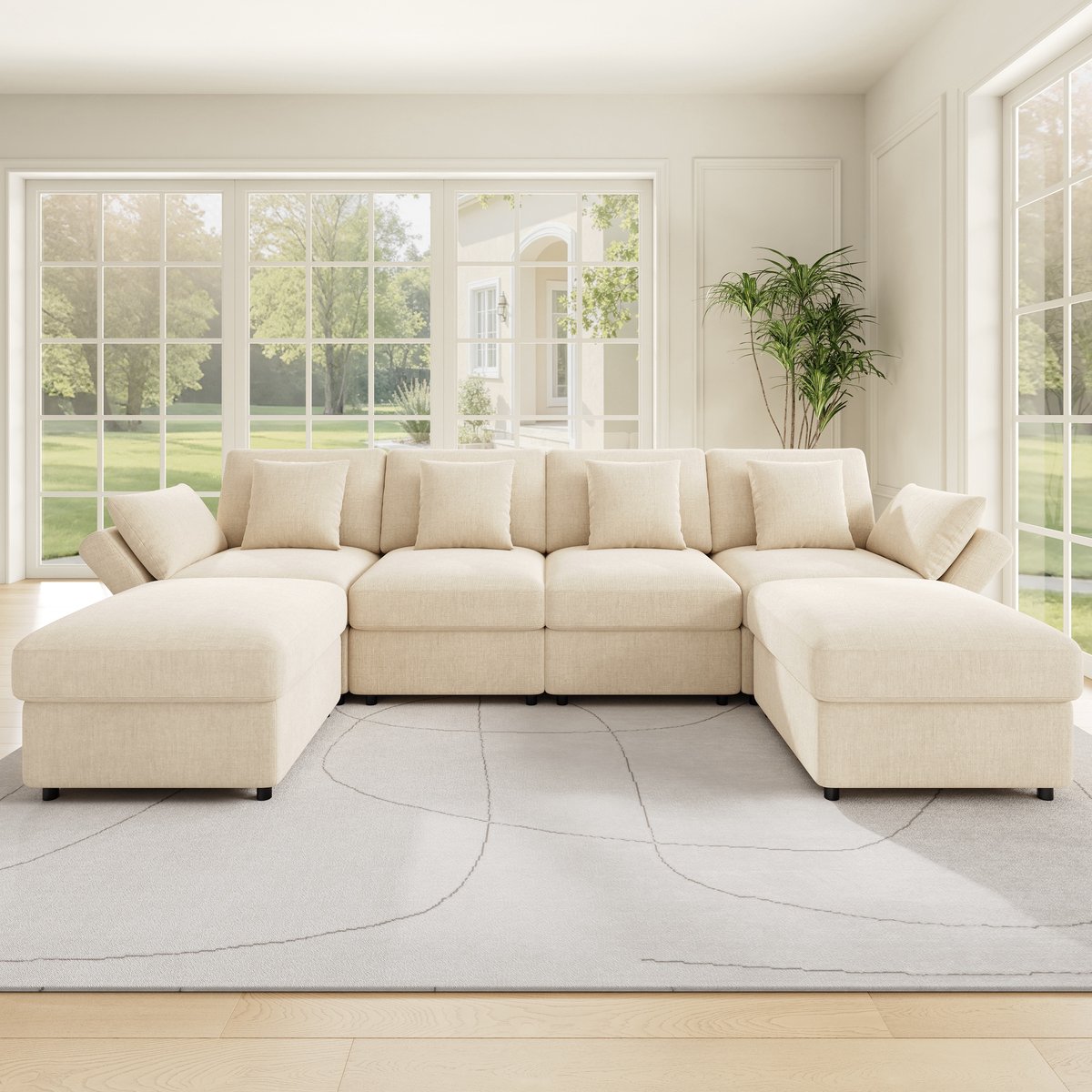 Modulaire hoekbank U- en L-vorm - met 2 hockers - 4-6 pers. 284x157cm - Beige - chenille stof met verstelbare armleuningen - cloud design en pocketvering - incl. 4 sierkussens en 2 hoofdsteunen