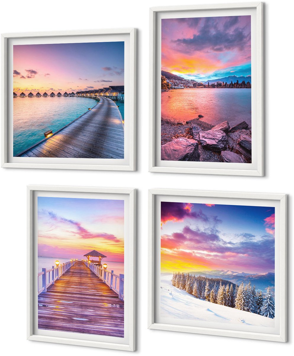 Coloray 4-Delige Schilderij Set - Winters Berglandschap Met Een Aanlegsteiger Aan Het Meer. - 40 x 40 En 40 x 60 - Muurdecoratie - Decoratieve Schilderijen - Wohnzimmer - Stijlvolle Muurdecoratie