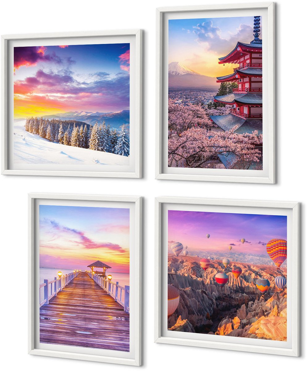 Coloray 4-Delige Schilderij Set - Romantische Landschappen Met Schilderachtige Luchten - 40 x 40 En 40 x 60 - Decoratieve Schilderijen - Wanddecoratie - Hal