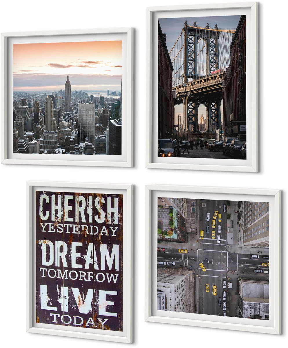 Coloray 4-Delige Schilderij Set - Landschappen Van New York City Met Een Inspirerend Citaat - 40 x 40 En 40 x 60 - Moderne Wanddecoratie - Woonkamer - Stijlvolle Muurdecoratie