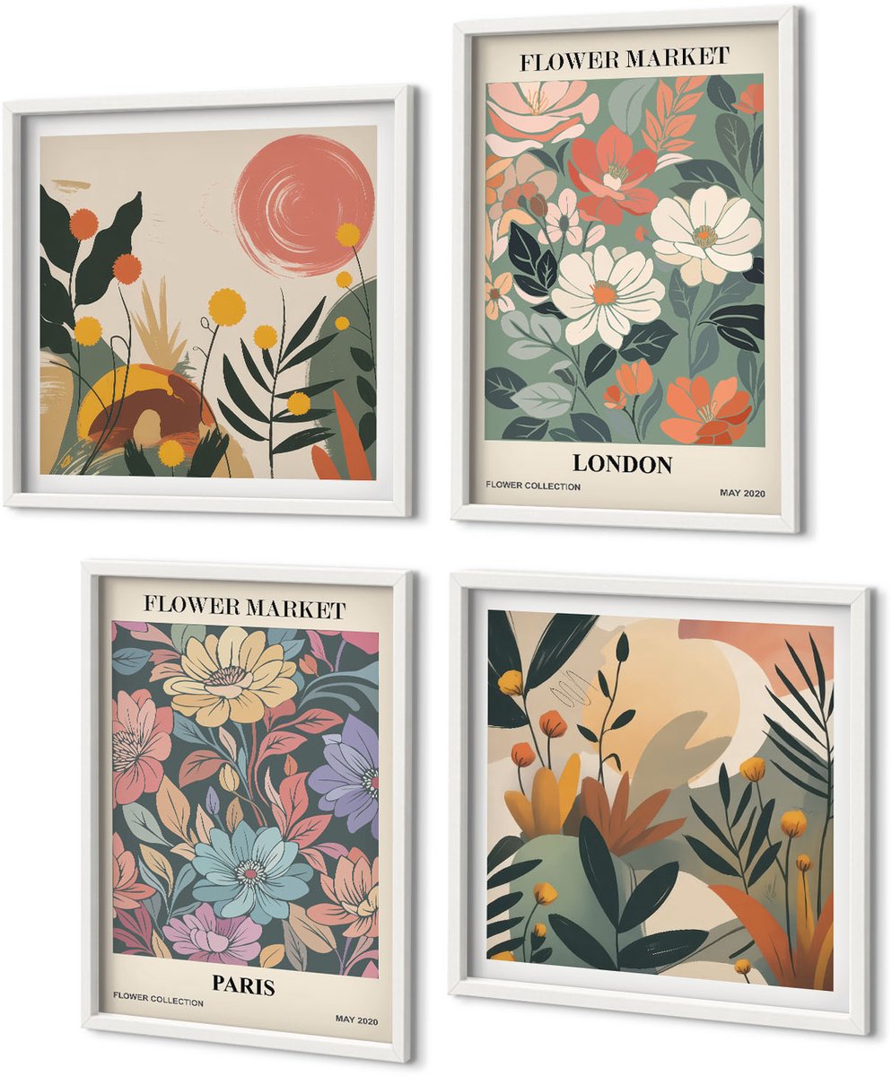Coloray 4-Delige Schilderij Set - Bloemenposters Parijs Londen - 40 x 40 En 40 x 60 - Stijlvolle Muurdecoratie - Slaapkamer - Moderne Wanddecoratie Witte lijst