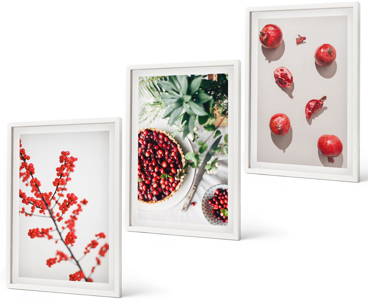 Coloray 3-Delige Schilderij Set - Rode Vruchten En Planten In Een Minimalistische Stijl - 40 x 60 - Stijlvolle Wanddecoratie - Interieur - Interieur Decoratie