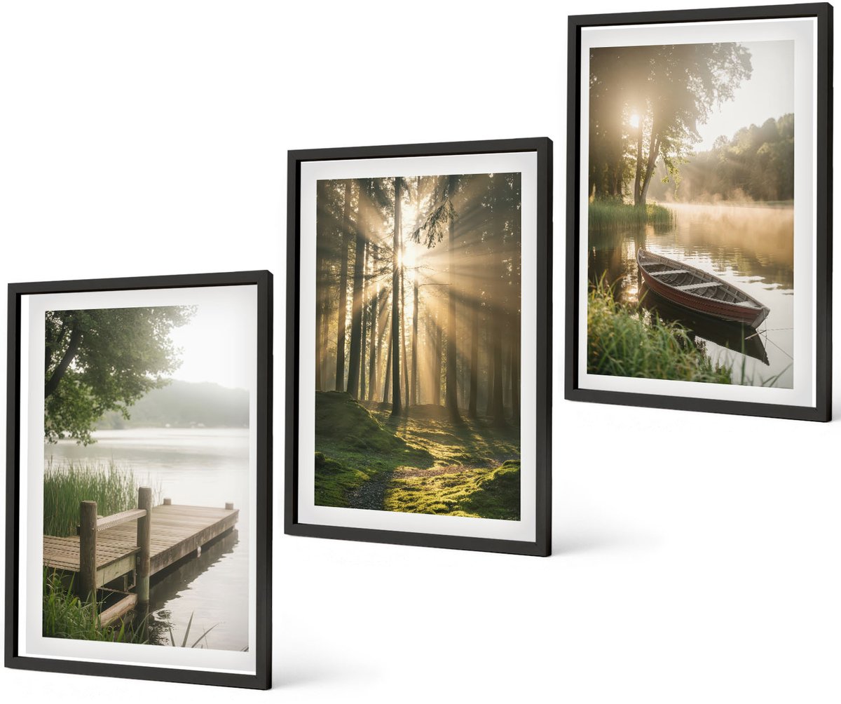 Coloray 3-Delige Schilderij Set - Rustig Meer, Bos En Boot In De Ochtendmist - 40 x 60 cm - Muurdecoratie - Wanddecoratie - Hal