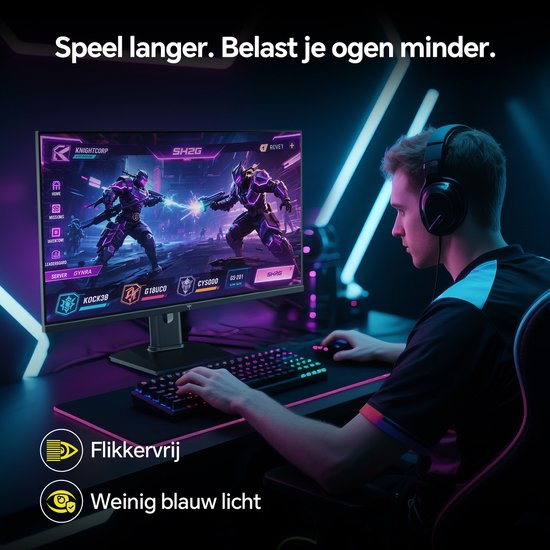 Zwarte gaming monitor met een speler, beschikt over flikkervrije en weinig blauw licht.