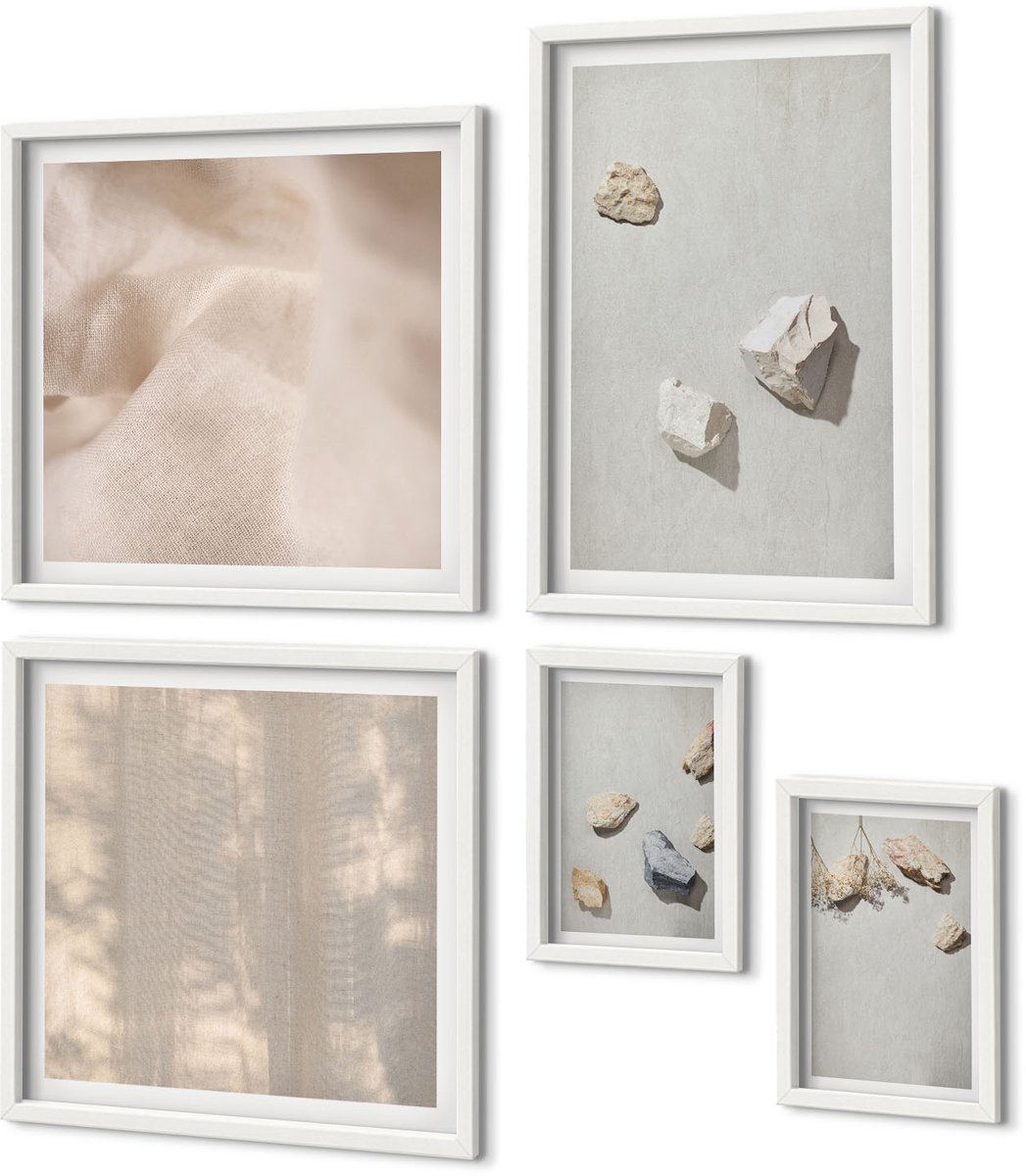 Coloray 5-Delige Schilderij Set - Boho Strandstenen Minimalistische Decoraties - 50 x 50 cm, 20 x 30 cm En 40 x 60 cm - Wanddecoratie - Moderne Interieurdecoratie - Interieur Decoratie
