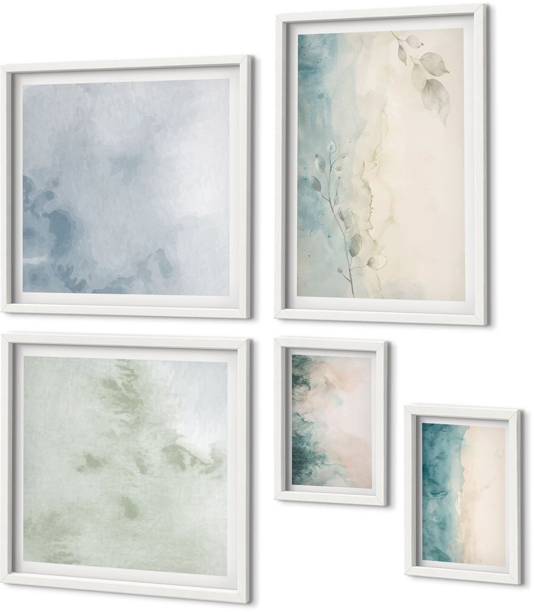 Coloray 5-Delige Schilderij Set - Aquarellen Op Canvas In Minimalistische Stijl - 50 x 50 cm, 20 x 30 cm En 40 x 60 cm - Moderne Wanddecoratie - Slaapkamer - Muurdecoratie