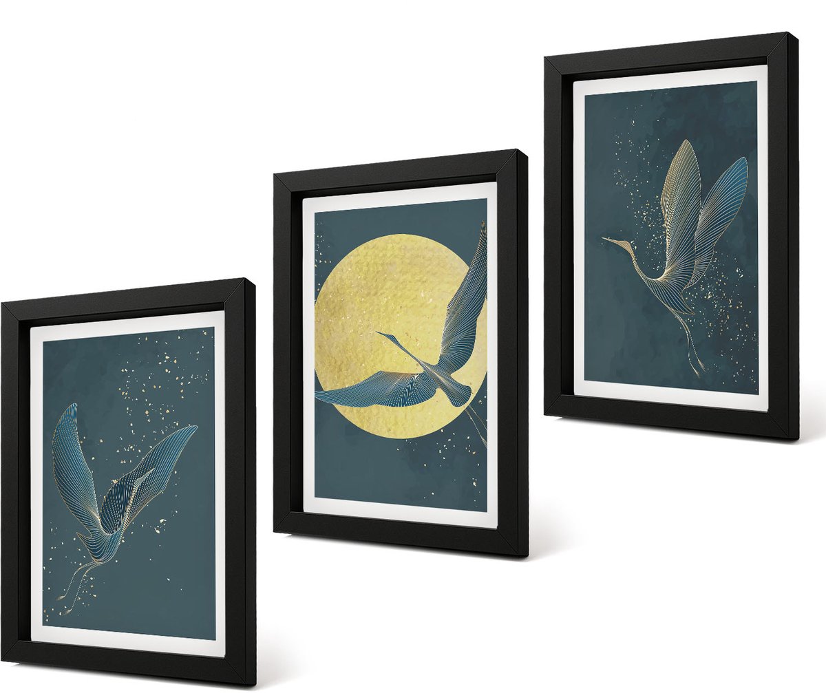 Coloray 4-Delige Schilderij Set - Kraanvogels in vlucht tegen de achtergrond van de maan en de sterren. - 20 x 30 cm - Decoratieve Schilderijen - Wanddecoratie - Hal - Interieur Decoratie